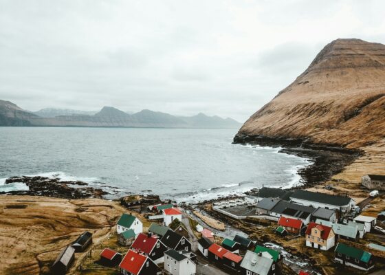 Farverige huse i fjordby set fra oven med fjelde og ha