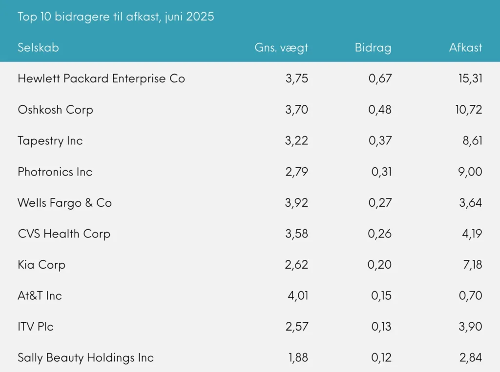 Great Dane Global Value udb. juni 2025 top 10 bidragere til afkast 