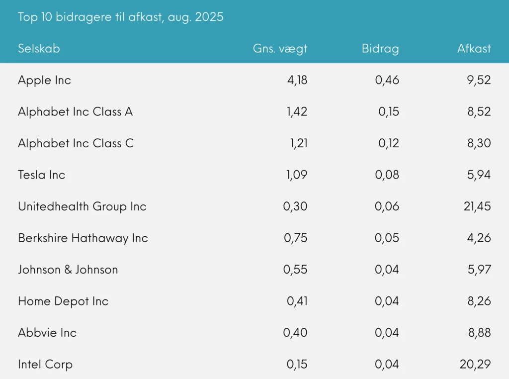 Top 10 bidragere til afkast Great Dane INDEX+ august 2025