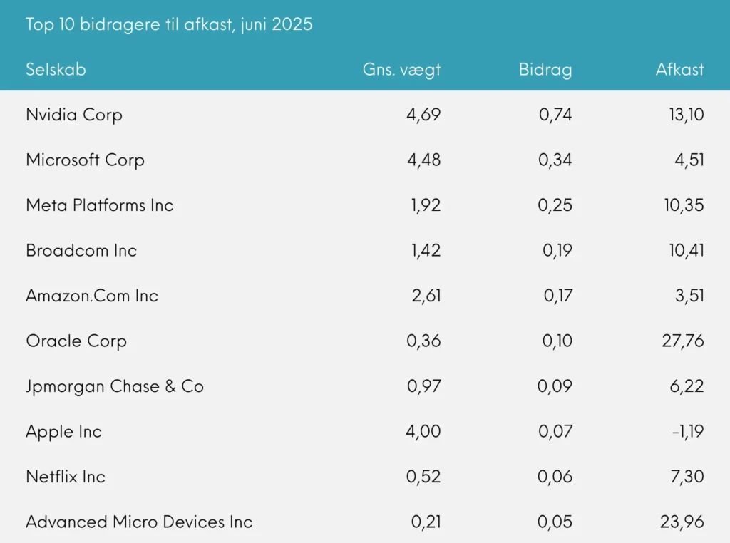 Great Dane INDEX+ juni top 10 bidragere til afkast
