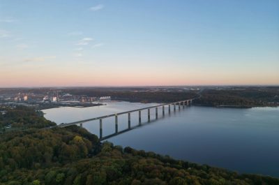 Lang bro over stille vand i aftenslys – tema: fordele ved investeringsforeninger